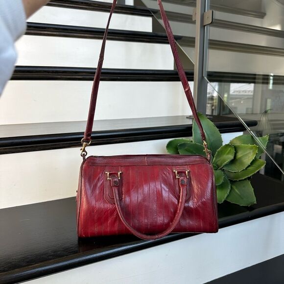 Genuine Eel Skin Leather Satchel Crossbody Shoulder Bag Deep Burgundy Red Purse - Picture 2 of 9